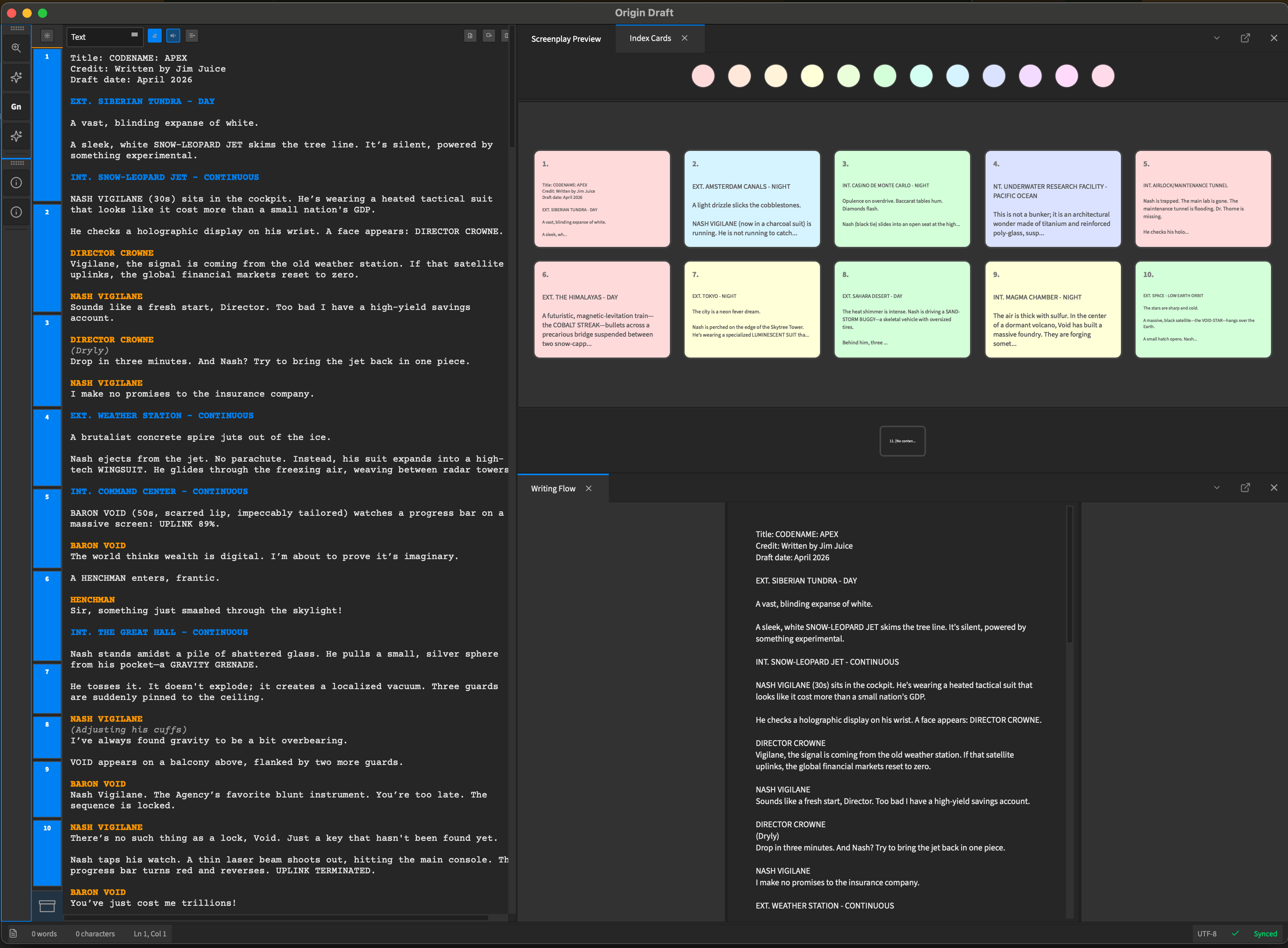 Origin Draft workspace showing the screenplay editor beside index cards and the writing flow view
